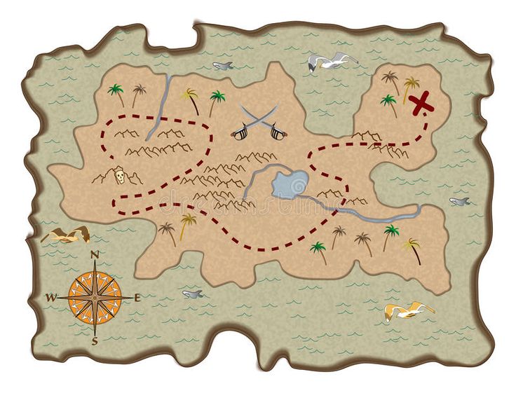 A map of an island with a compass and other items.