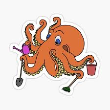 An octopus with a shovel and bucket on it's back.