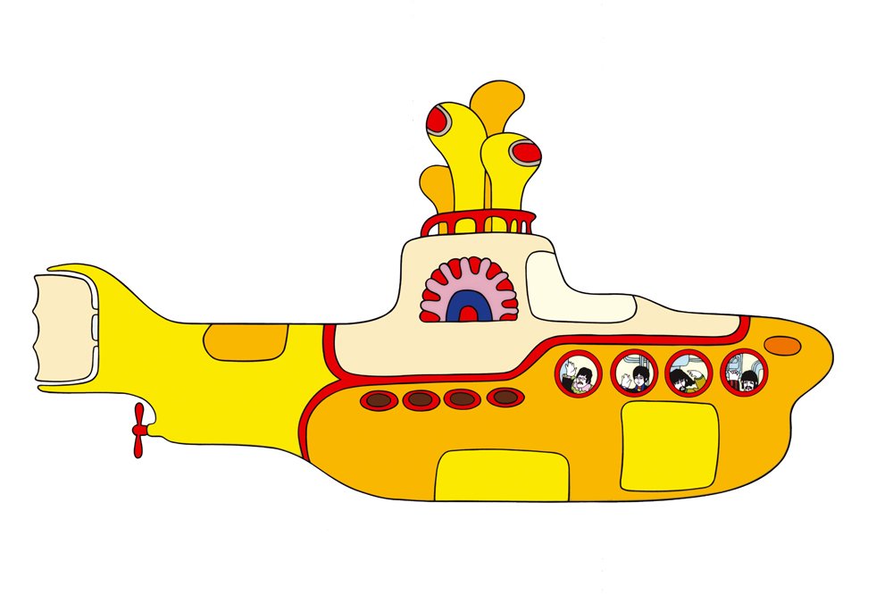 A yellow submarine with a white and red design on it.