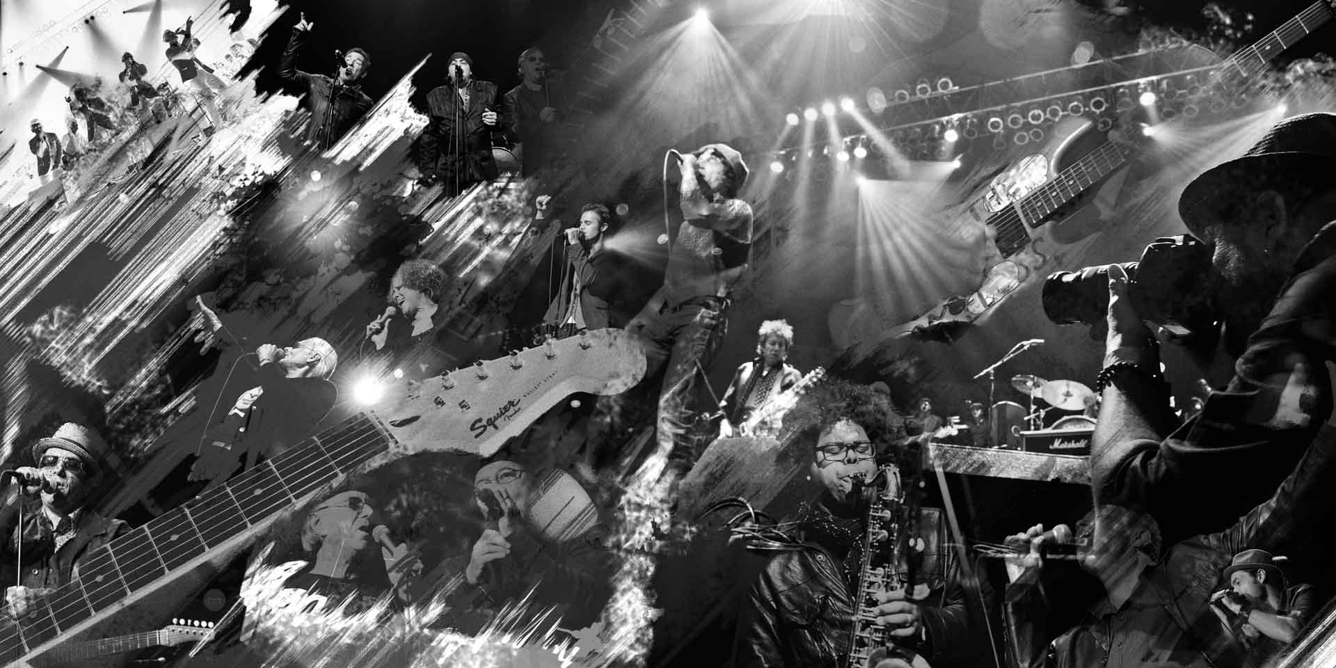 A black and white photo of people in the middle of a concert.