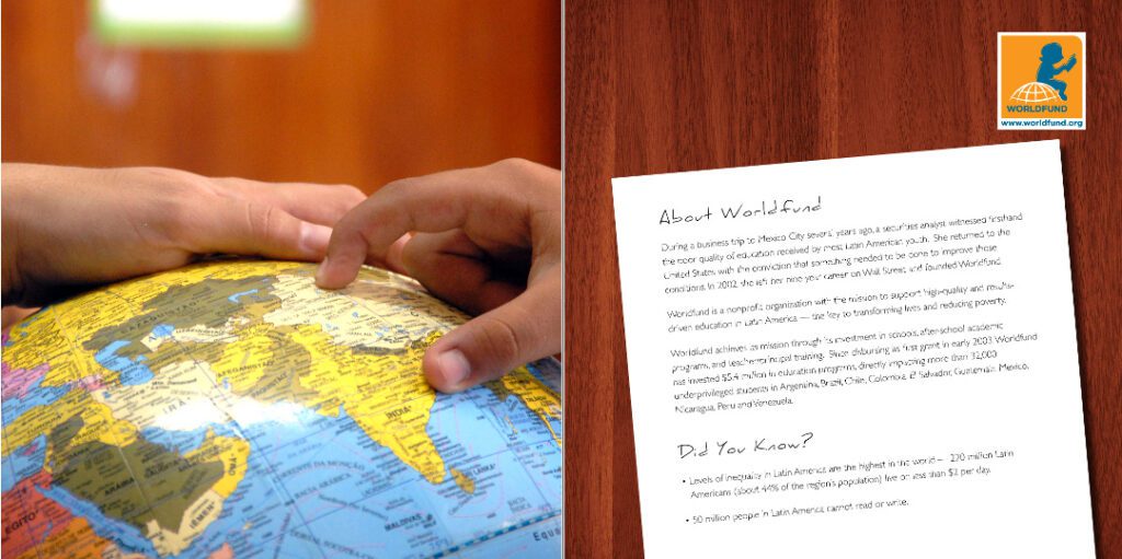 A hand holding a paper with a globe on it.