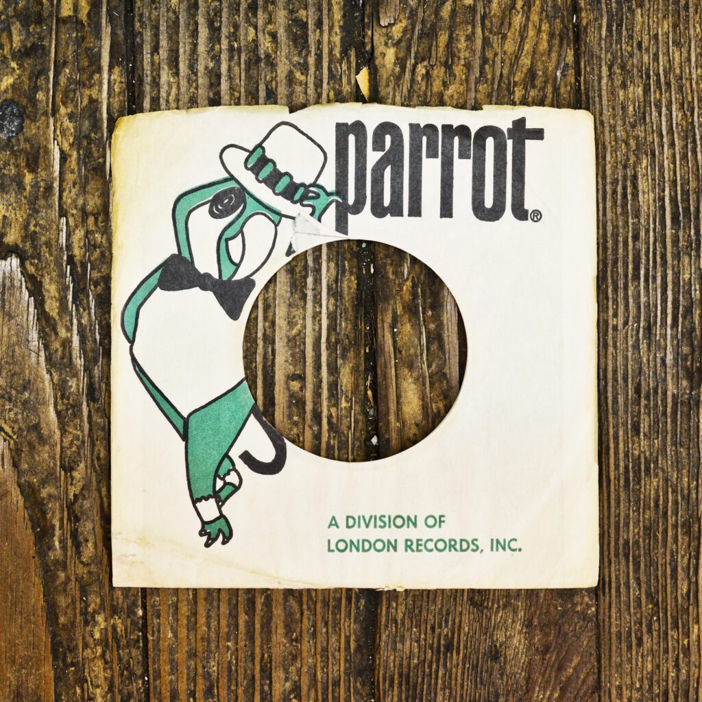 A parrot record cover sitting on top of a wooden table.